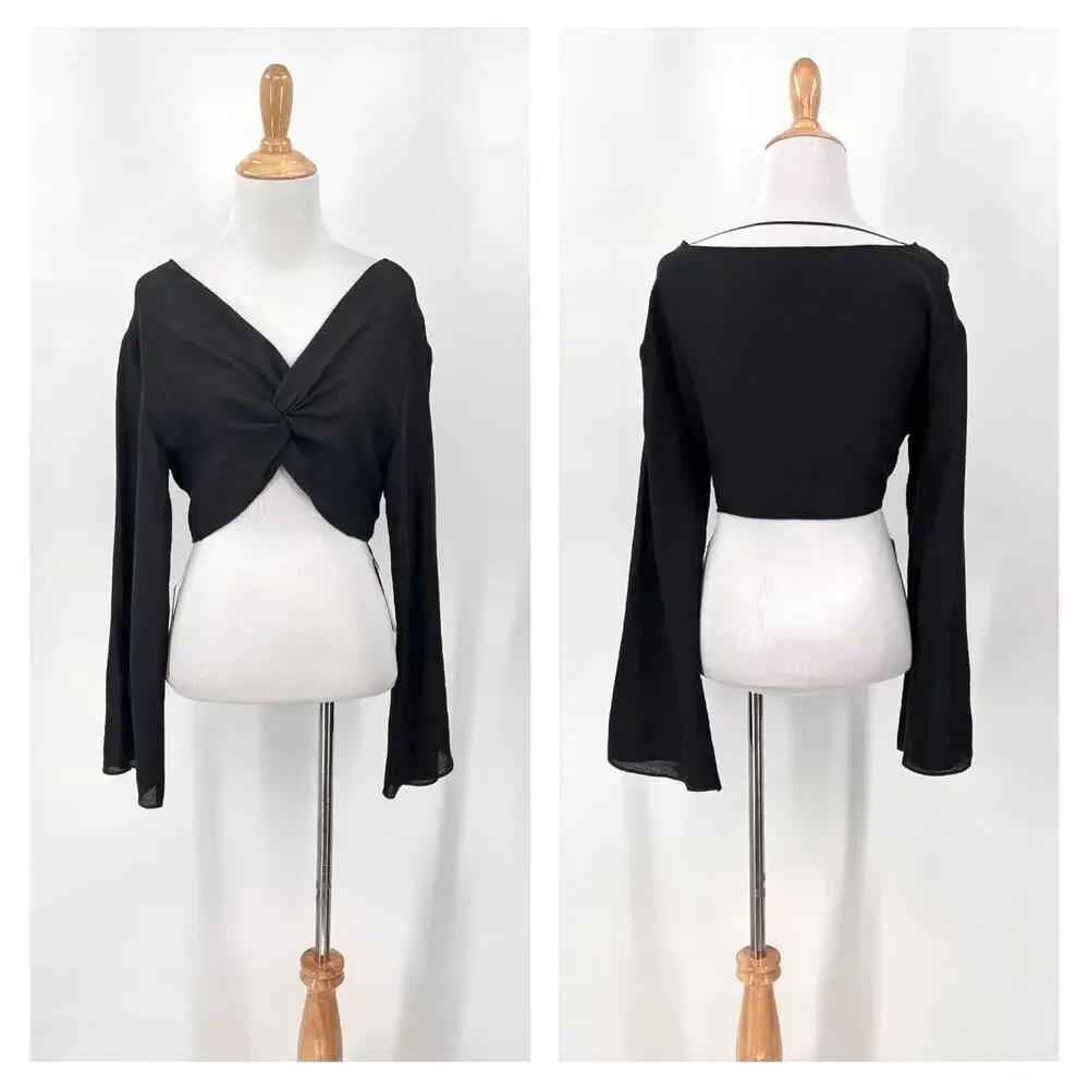 REFORMATION Keegan Top Ibiza Collection Womens XS Black Long Sleeve Twist Crop